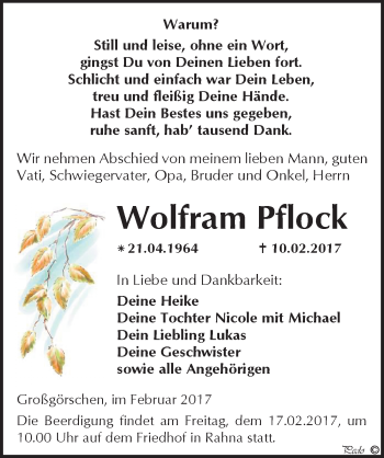 Traueranzeige von Wolfram Pflock von Mitteldeutsche Zeitung Weißenfels