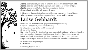 Traueranzeige von Luise Gebhardt von Mitteldeutsche Zeitung Mansfelder Land