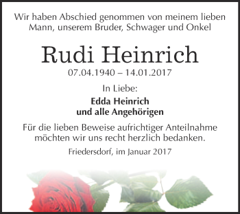Traueranzeige von Rudi Heinrich von WVG - Wochenspiegel Bitterfeld