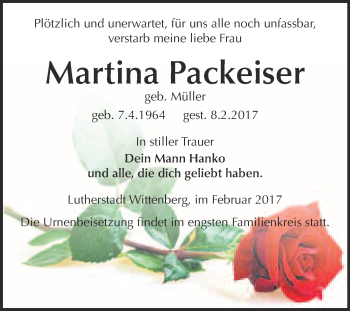 Traueranzeige von Martina Packeiser von Super Sonntag Wittenberg
