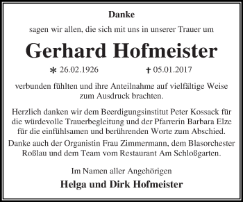 Traueranzeige von Gerhard Hofmeister von WVG - Wochenspiegel Dessau / Köthen