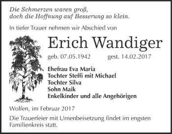 Traueranzeige von Erich Wandiger von WVG - Wochenspiegel Bitterfeld