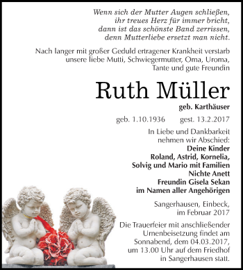 Traueranzeige von Ruth Müller von Super Sonntag SGH Mansf. Land