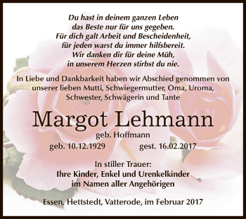 Traueranzeige von Margot Lehmann von Super Sonntag SGH Mansf. Land
