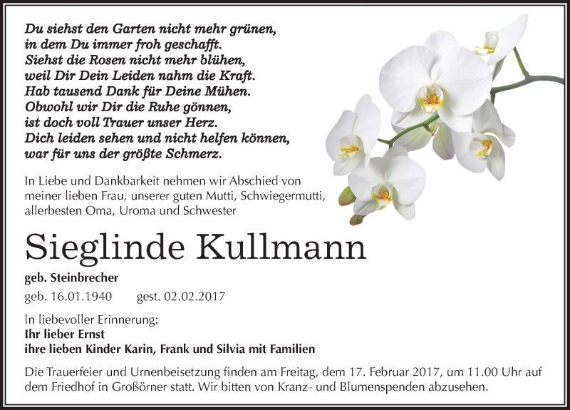  Traueranzeige für Sieglinde Kullmann vom 08.02.2017 aus Mitteldeutsche Zeitung Mansfelder Land