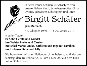 Traueranzeige von Birgitt Schäfer von Mitteldeutsche Zeitung Halle/Saalkreis