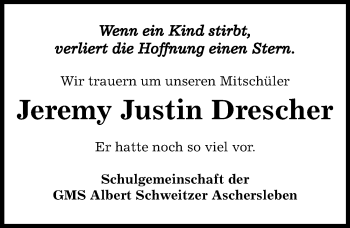 Traueranzeige von Jeremy Justin Drescher von Mitteldeutsche Zeitung Aschersleben