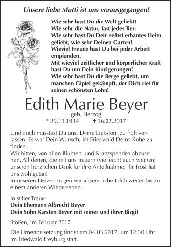 Traueranzeige von Edith Marie Beyer von WVG - Wochenspiegel NMB / WSF / ZTZ