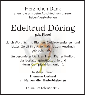 Traueranzeige von Edeltrud Döring von Super Sonntag Halle