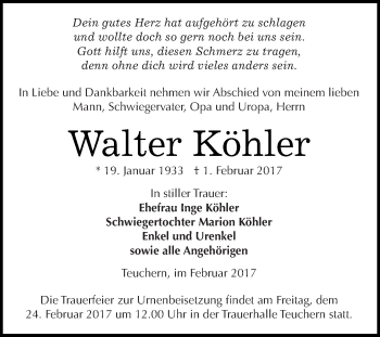Traueranzeige von Walter Köhler von WVG - Wochenspiegel NMB / WSF / ZTZ