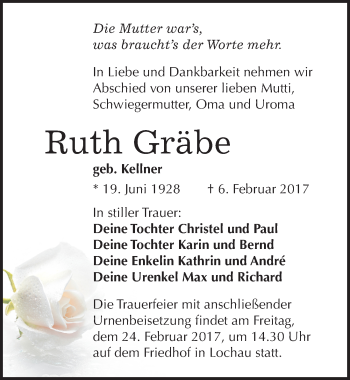 Traueranzeige von Ruth Gräbe von Mitteldeutsche Zeitung