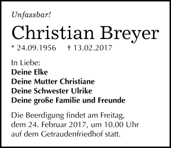 Traueranzeige von Christian Breyer von Mitteldeutsche Zeitung Halle/Saalkreis