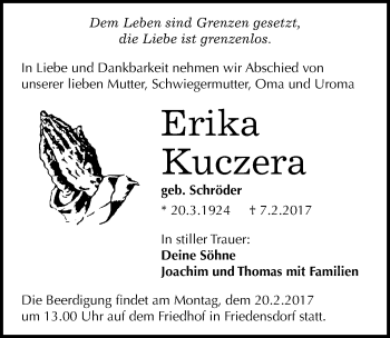Traueranzeige von Erika Kuczera von Mitteldeutsche Zeitung Merseburg/Querfurt