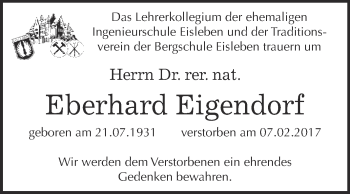 Traueranzeige von Eberhard Eigendorf von Super Sonntag SGH Mansf. Land