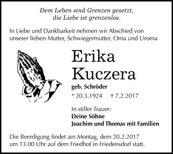 Traueranzeige von Erika Kuczera von Super Sonntag Halle
