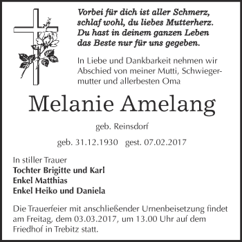 Traueranzeige von Melanie Amelang von Super Sonntag Bernburg