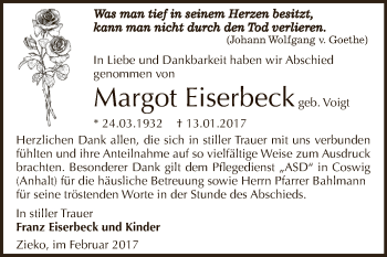 Traueranzeige von Margot Eiserbeck von Super Sonntag Wittenberg