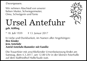 Traueranzeige von Ursel Antefuhr von Mitteldeutsche Zeitung Halle/Saalkreis