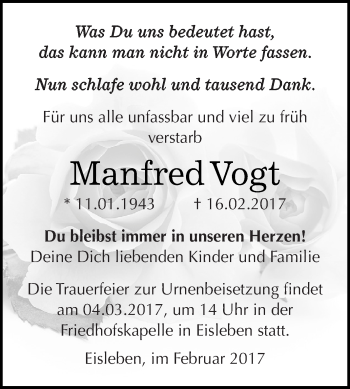 Traueranzeige von Manfred Vogt von Super Sonntag SGH Mansf. Land