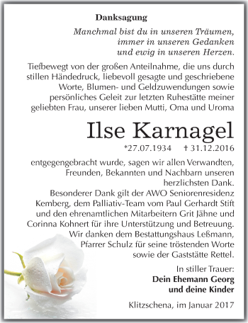 Traueranzeige von Ilse Karnagel von Mitteldeutsche Zeitung Wittenberg