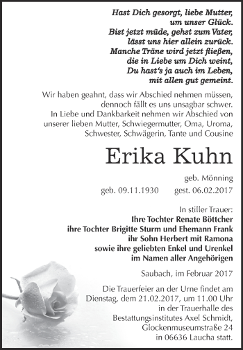 Traueranzeige von Erika Kuhn von WVG - Wochenspiegel NMB / WSF / ZTZ