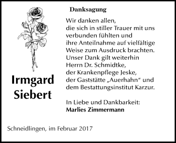 Traueranzeige von Irmgard Siebert von Mitteldeutsche Zeitung Aschersleben