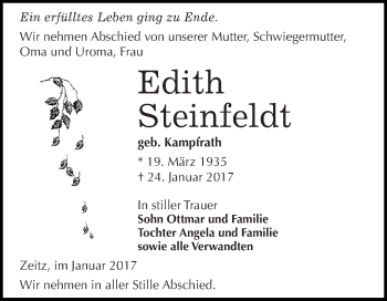 Traueranzeige von Edith Steinfeldt von Super Sonntag Zeitz