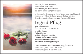Traueranzeige von Ingrid Pflug von Mitteldeutsche Zeitung Mansfelder Land
