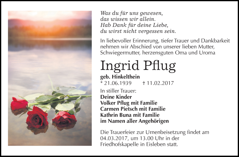  Traueranzeige für Ingrid Pflug vom 22.02.2017 aus Super Sonntag SGH Mansf. Land