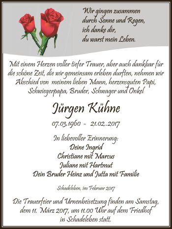 Traueranzeige von Jürgen Kühne von Super Sonntag SGH Mansf. Land