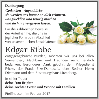Traueranzeige von Edgar Ribbe von Super Sonntag SGH Mansf. Land