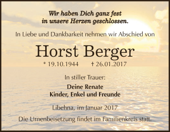 Traueranzeige von Horst Berger von WVG - Wochenspiegel Dessau / Köthen