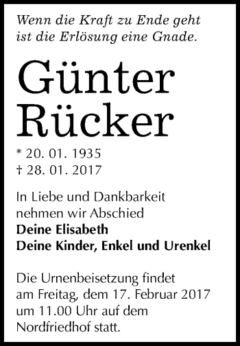 Traueranzeige von Günter Rücker von Mitteldeutsche Zeitung Halle/Saalkreis