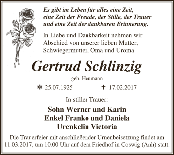 Traueranzeige von Gertrud Schlinzig von Super Sonntag Wittenberg