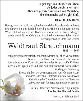Traueranzeige von Waldtraut Strauchmann von Super Sonntag SGH Mansf. Land