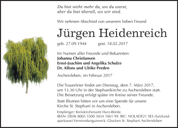 Traueranzeige von Jürgen Heidenreich von Mitteldeutsche Zeitung Aschersleben