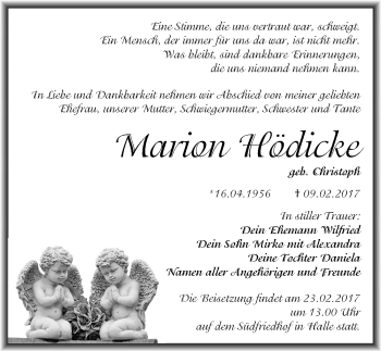 Traueranzeige von Marion Hödicke von Mitteldeutsche Zeitung Halle/Saalkreis