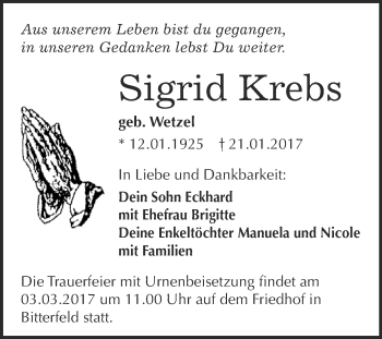 Traueranzeige von Sigrid Krebs von WVG - Wochenspiegel Bitterfeld
