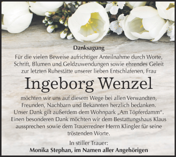 Traueranzeige von Ingeborg Wenzel von WVG - Wochenspiegel NMB / WSF / ZTZ