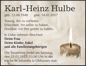 Traueranzeige von Karl-Heinz Hulbe von Mitteldeutsche Zeitung Merseburg/Querfurt