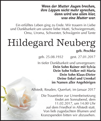 Traueranzeige von Hildegard Neuberg von Mitteldeutsche Zeitung Sangerhausen