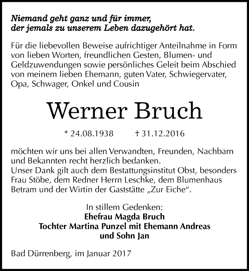  Traueranzeige für Werner Bruch vom 04.02.2017 aus Mitteldeutsche Zeitung Merseburg/Querfurt