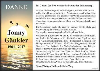 Traueranzeige von Jonny Gänkler von Mitteldeutsche Zeitung Weißenfels