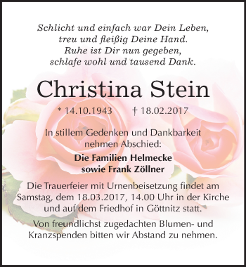 Traueranzeige von Christina Stein von Mitteldeutsche Zeitung Bitterfeld