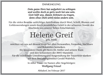 Traueranzeige von Helene Greif von Super Sonntag SGH Mansf. Land