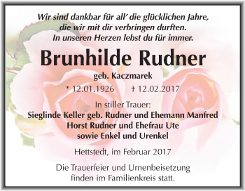 Traueranzeige von Brunhilde Rudner von Super Sonntag SGH Mansf. Land