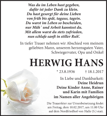 Traueranzeige von Herwig Hans von Mitteldeutsche Zeitung Halle/Saalkreis