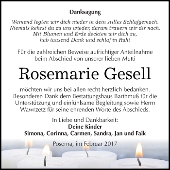 Traueranzeige von Rosemarie Gesell von WVG - Wochenspiegel NMB / WSF / ZTZ
