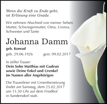 Traueranzeige von Johanna Damm von Mitteldeutsche Zeitung Bitterfeld