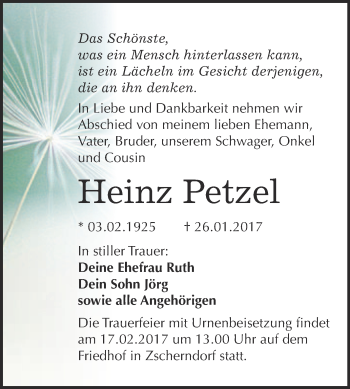 Traueranzeige von Heinz Petzel von WVG - Wochenspiegel Bitterfeld